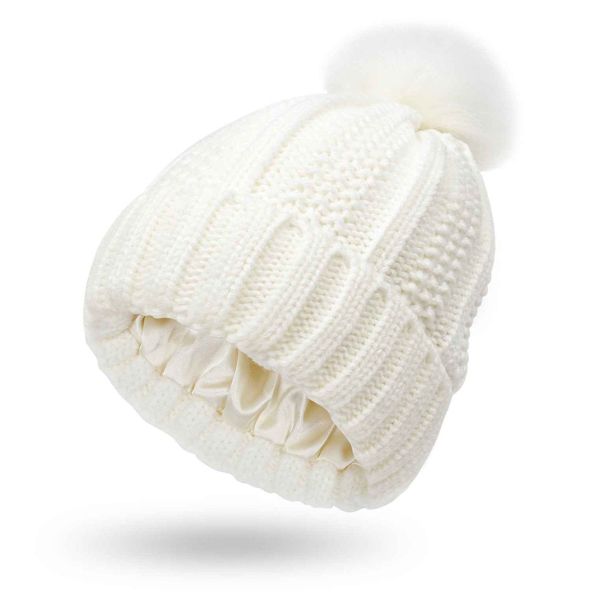 Skull-Print Knitted Beanie – Lined, Faux Fur Pom