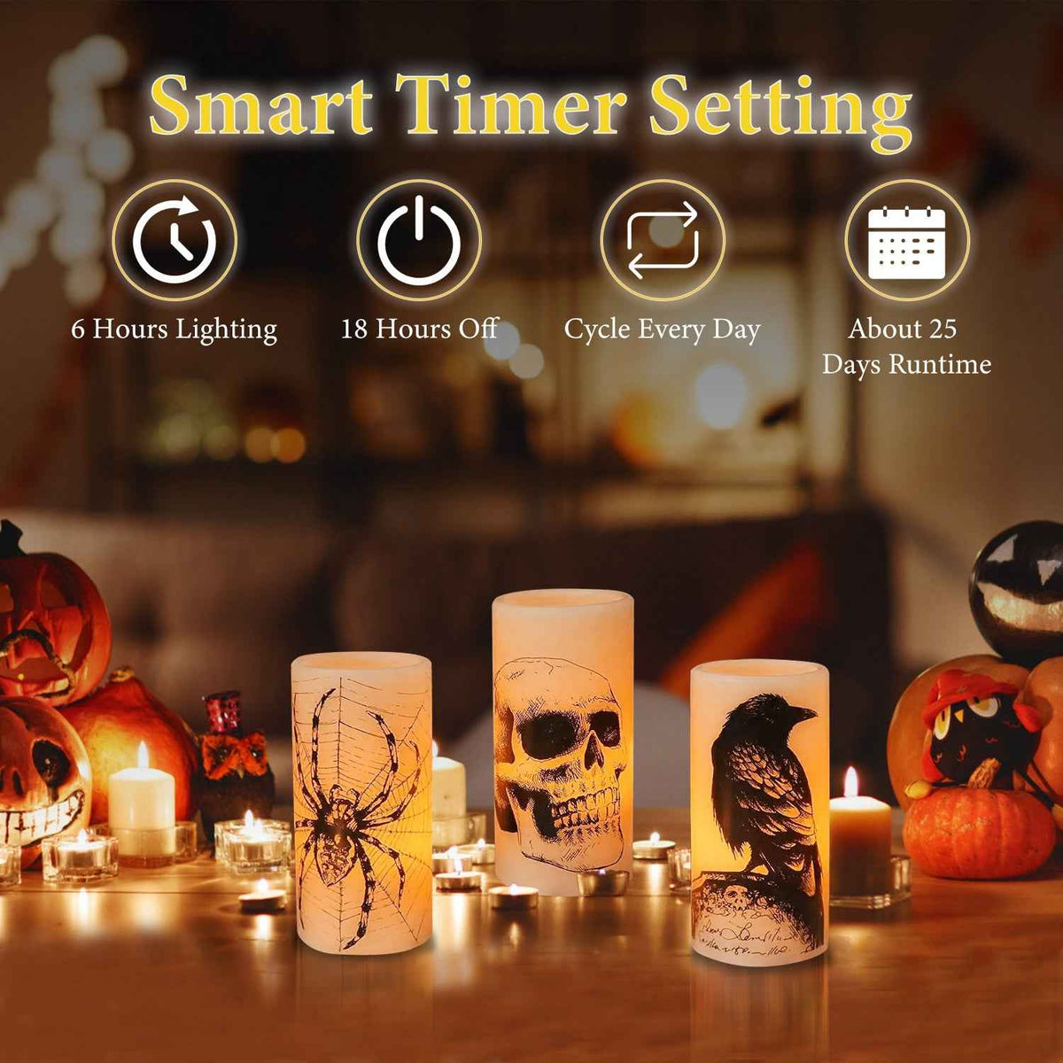 Flameless Halloween Candle Lamp 3-Pack – Timer, Battery
