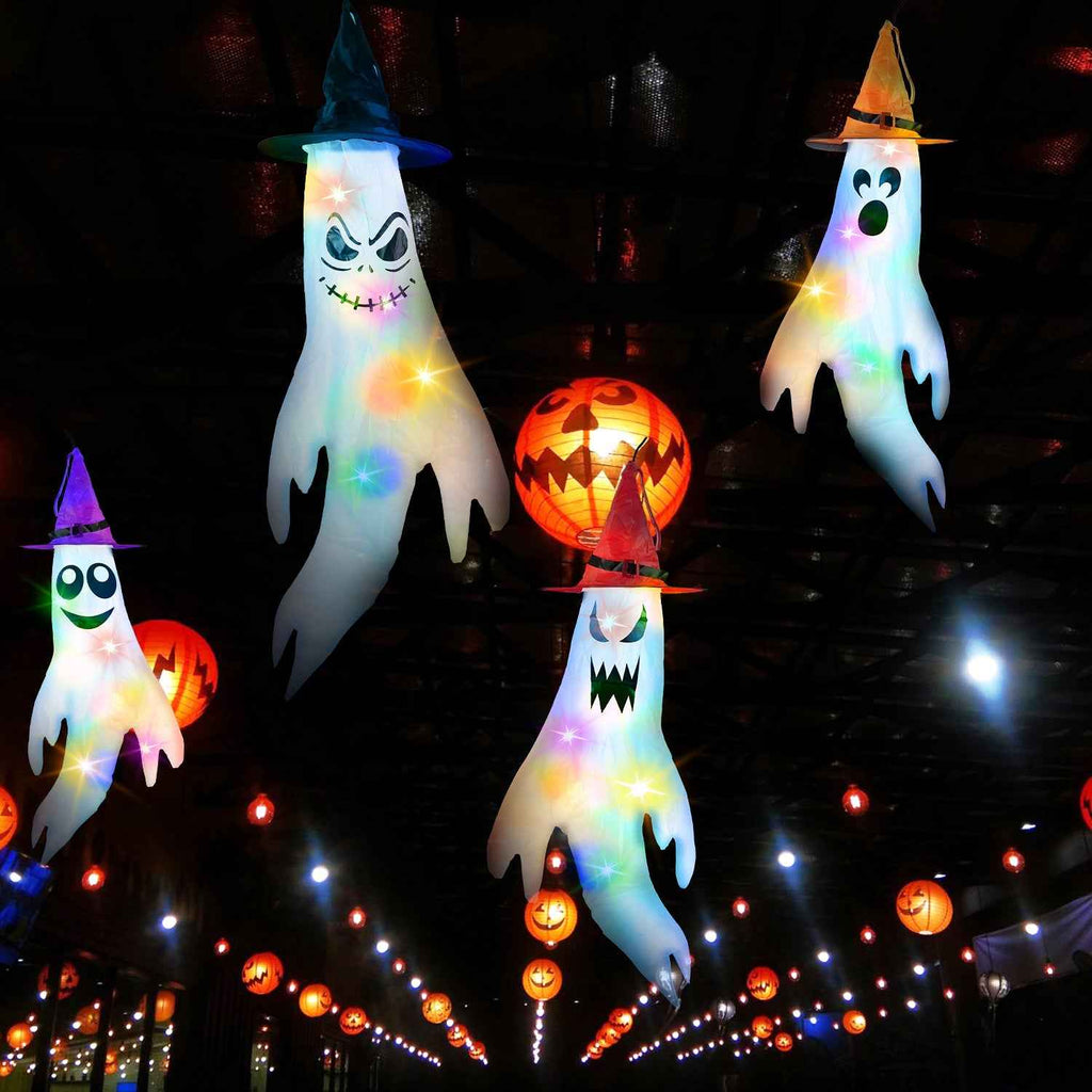 Halloween Ghost Windsocks & Witch Hats 4-Pack – LED