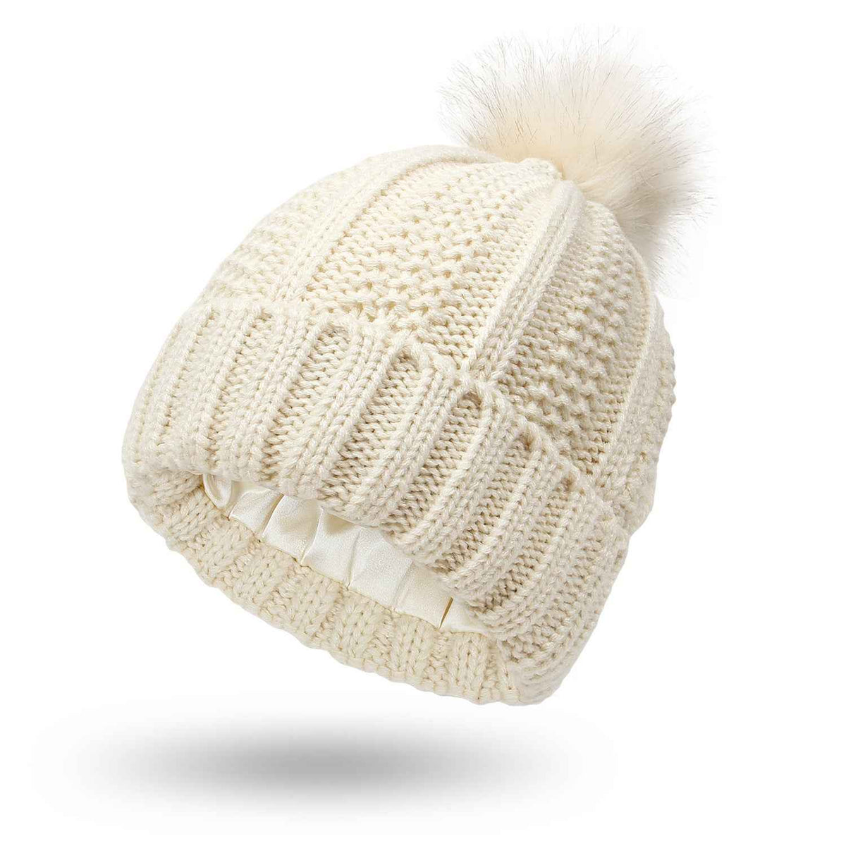 Skull-Print Knitted Beanie – Lined, Faux Fur Pom