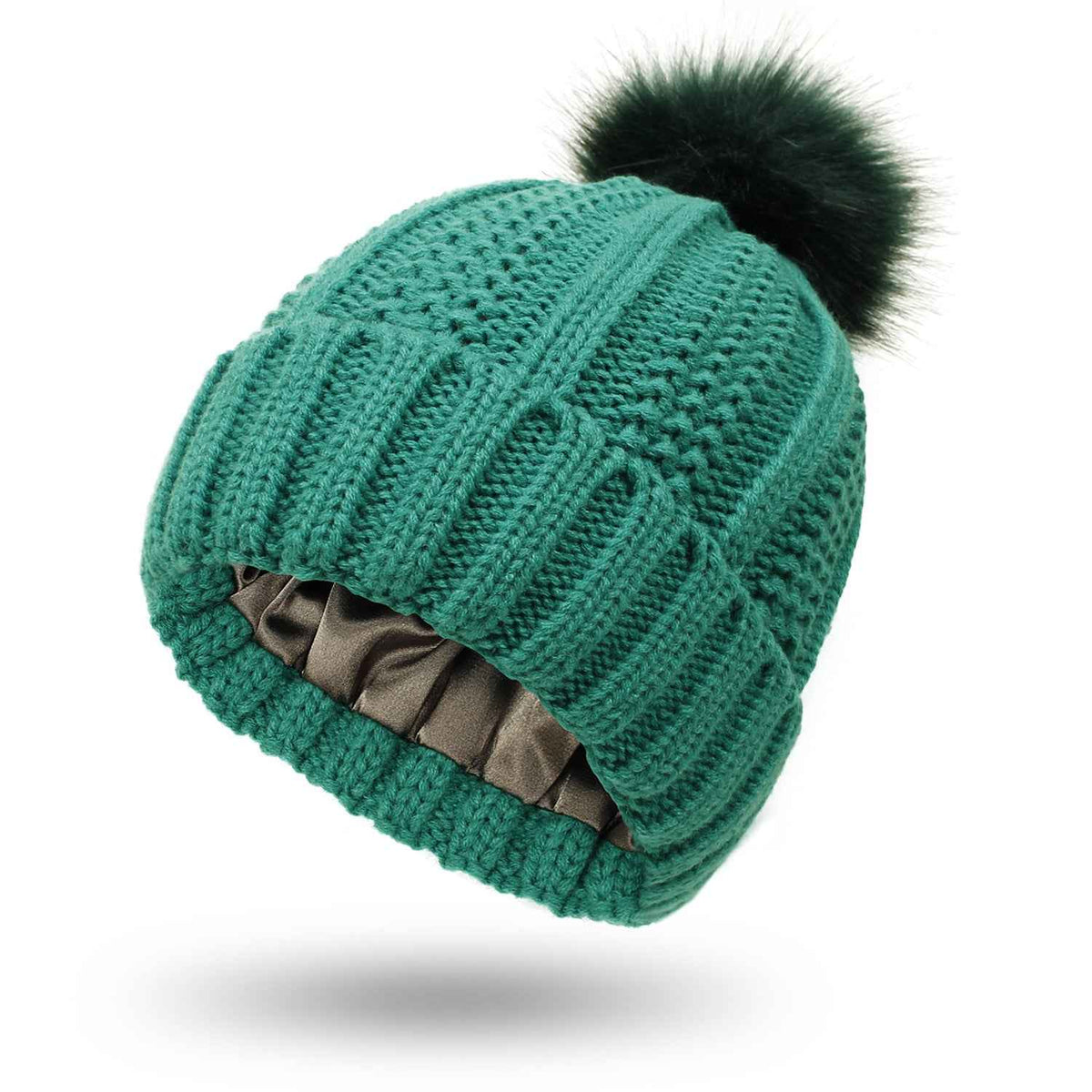 Skull-Print Knitted Beanie – Lined, Faux Fur Pom