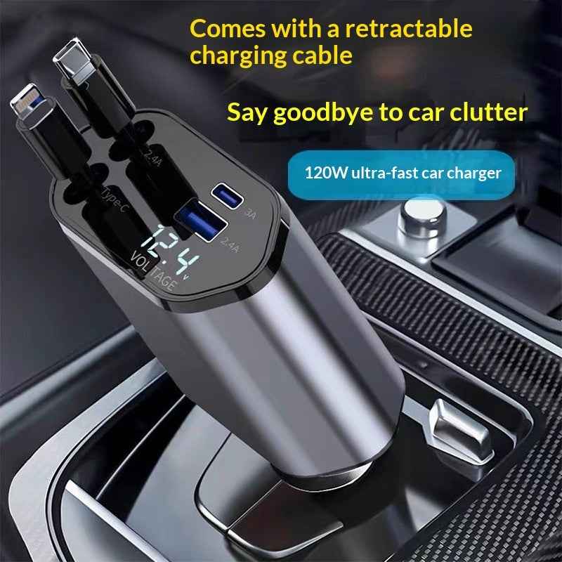 4 In 1 Retractable Car Charger Fast Car Phone Charger 120W With USB Type C Cable