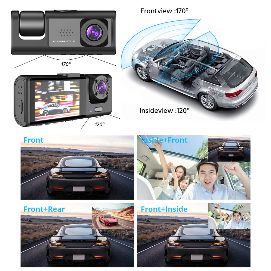 Car Dual Lens Dash Cam HD 1080P Front/Rear/Inside Video Recorder - GoSavvyNow