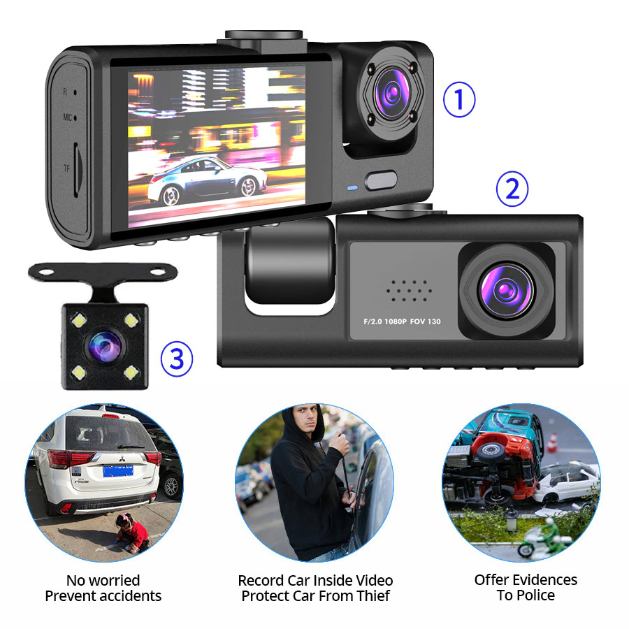 Car Dual Lens Dash Cam HD 1080P Front/Rear/Inside Video Recorder - GoSavvyNow