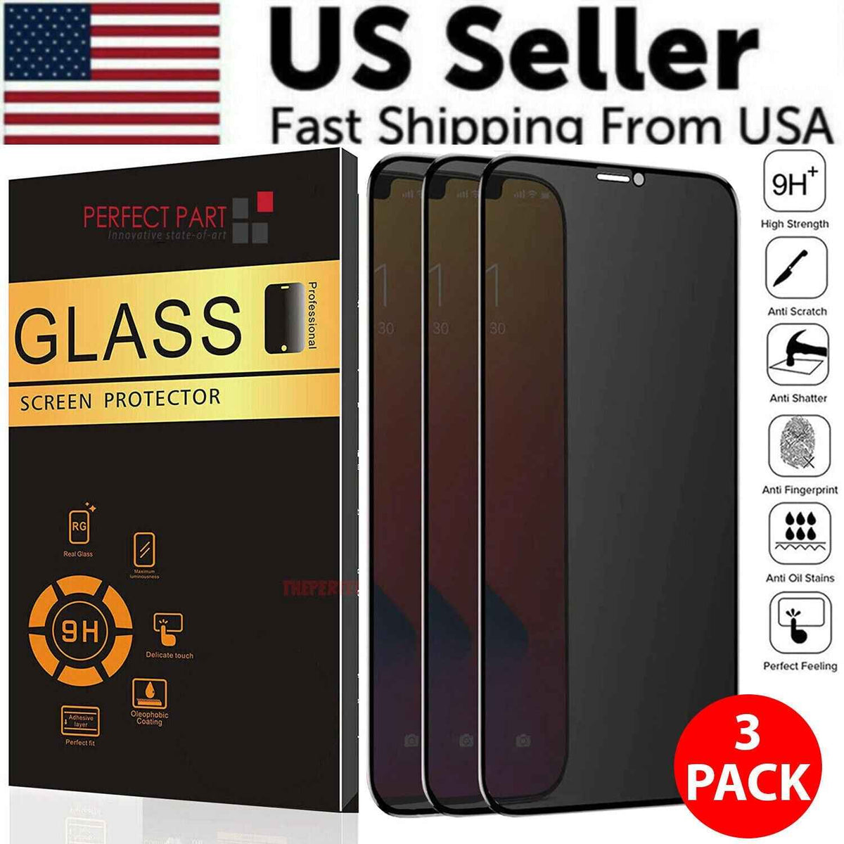 3 Pack For iPhone 15 14 13 12 11 Pro Max Privacy Tempered Glass Screen - GoSavvyNow