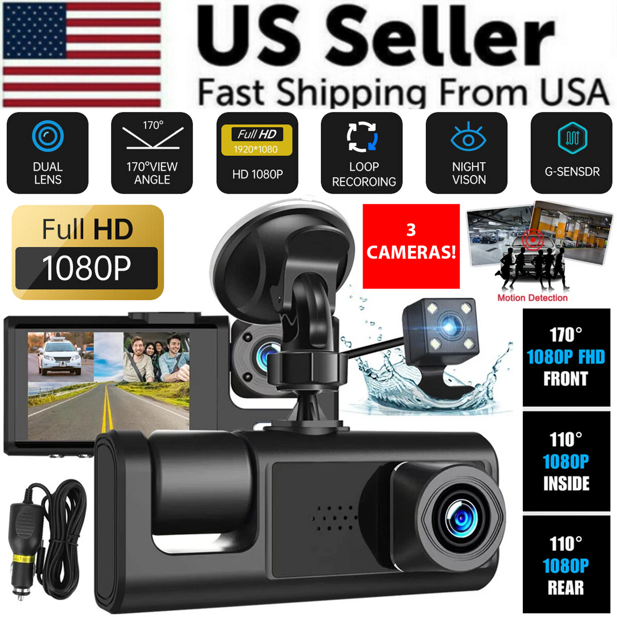 Car Dual Lens Dash Cam HD 1080P Front/Rear/Inside Video Recorder - GoSavvyNow
