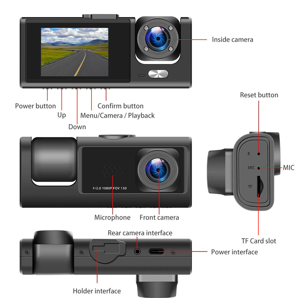 Car Dual Lens Dash Cam HD 1080P Front/Rear/Inside Video Recorder - GoSavvyNow