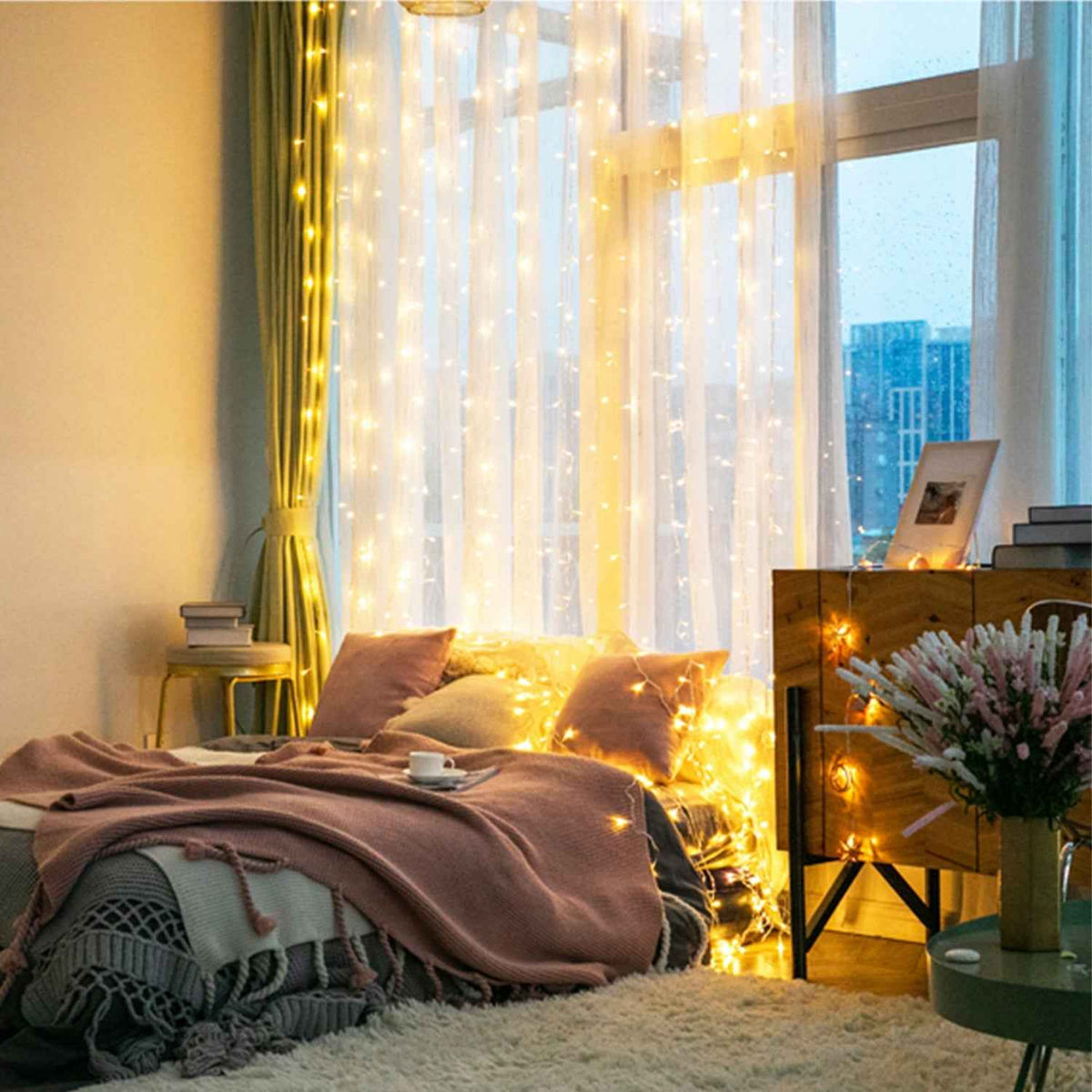300 LED String Curtain Light – 3m, 8 Modes, Remote, IP44