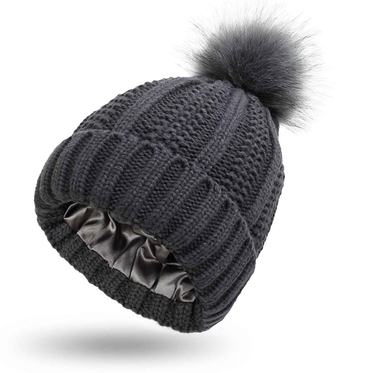 Skull-Print Knitted Beanie – Lined, Faux Fur Pom