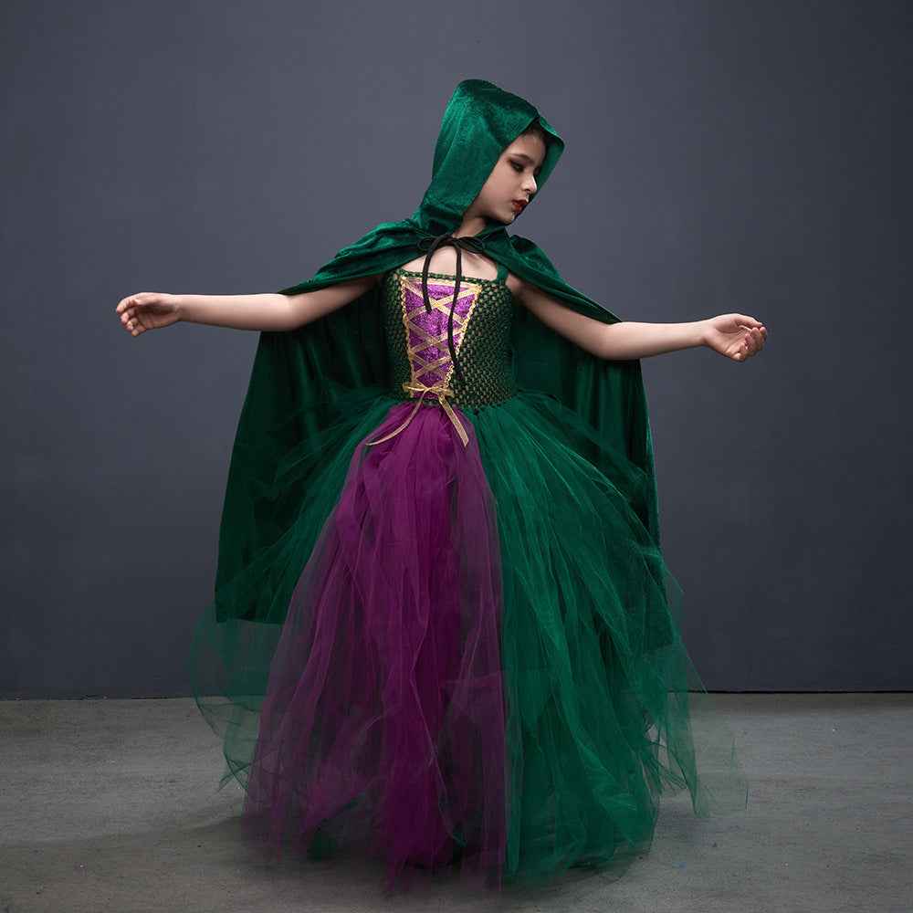 Halloween Costume Witch Children Dress Cloak Broom Set