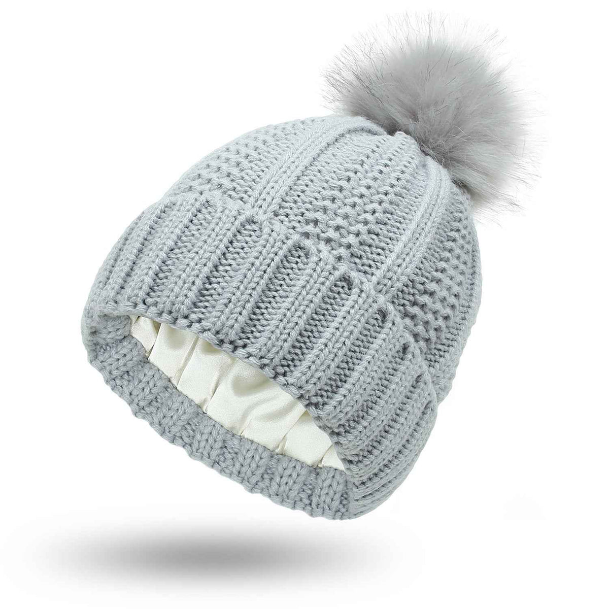 Skull-Print Knitted Beanie – Lined, Faux Fur Pom