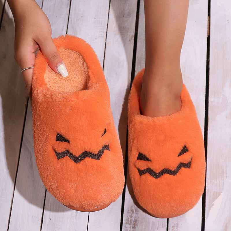 Halloween Pumpkin Slippers – Warm Plush House Shoes