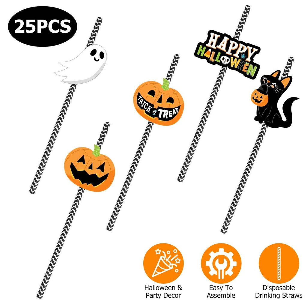 Halloween Paper Straws – 25 Pack, Ghost & Cat Prints