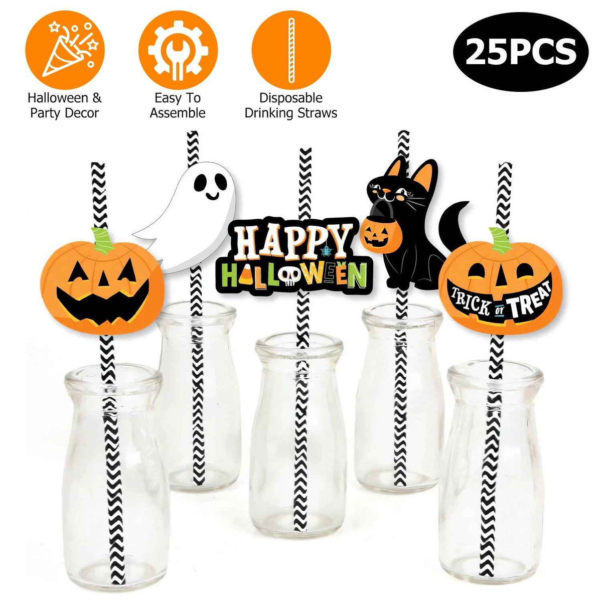 Halloween Paper Straws – 25 Pack, Ghost & Cat Prints