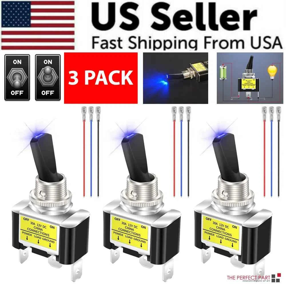 3 Pack Blue LED Toggle Switches - 12V 30A Rocker Switch for Marine, Car, Boat & ATV