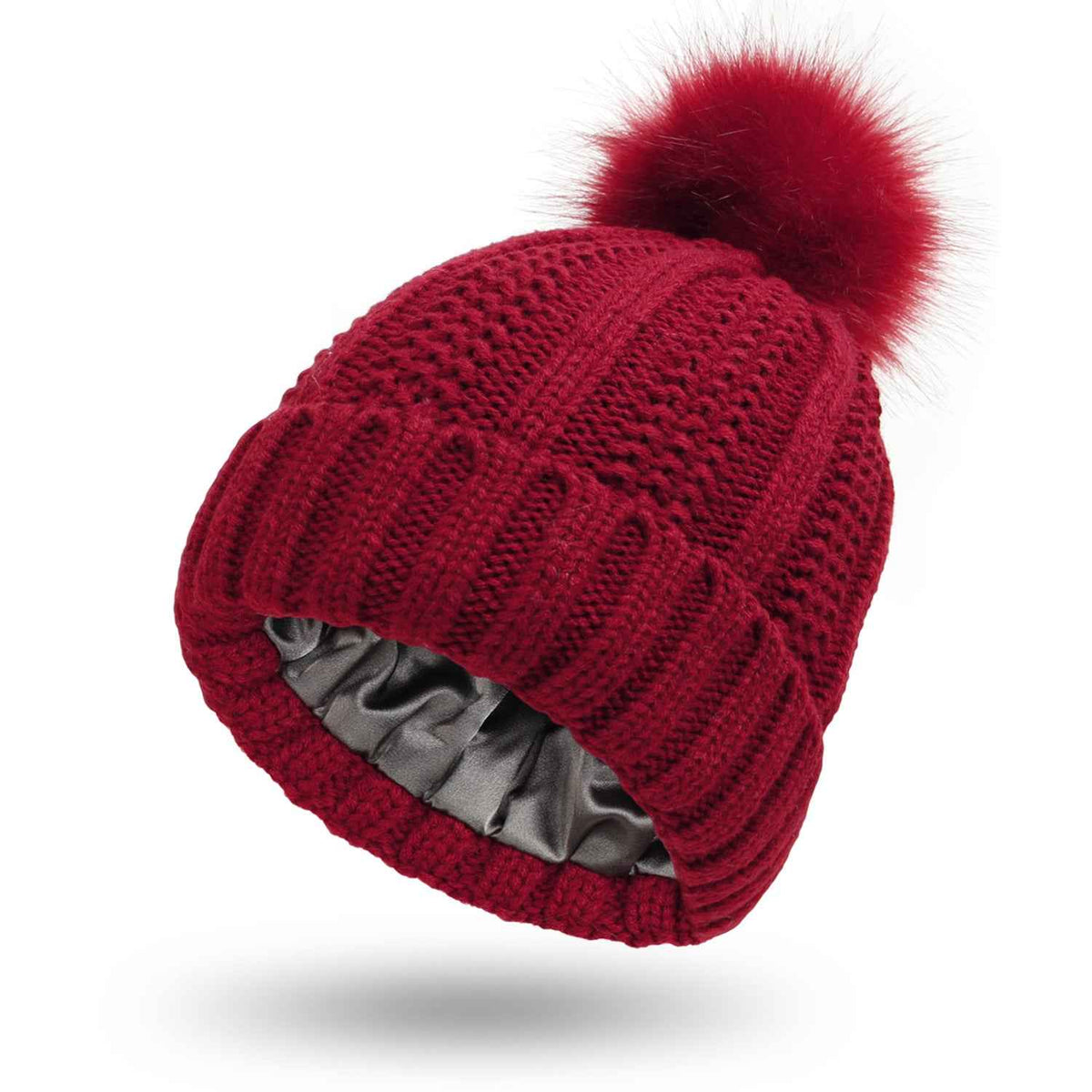Skull-Print Knitted Beanie – Lined, Faux Fur Pom