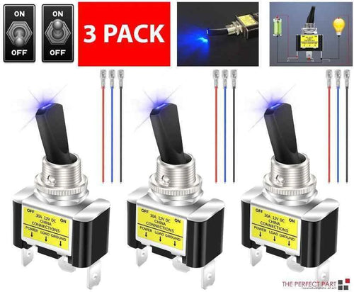 3 Pack Blue LED Toggle Switches - 12V 30A Rocker Switch for Marine, Car, Boat & ATV
