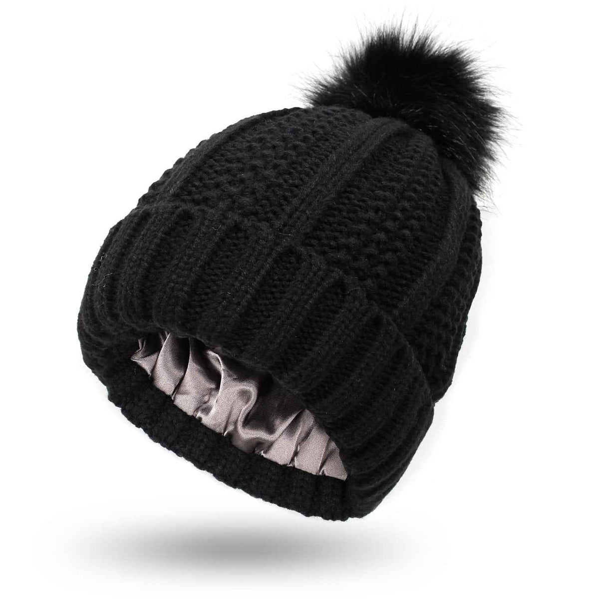 Skull-Print Knitted Beanie – Lined, Faux Fur Pom