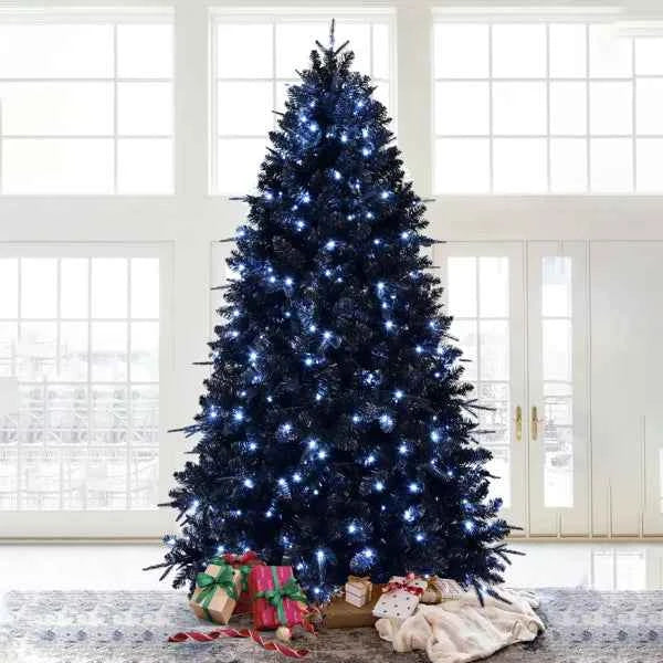 5ft Black Christmas Tree With 250 White LED Lights, 1076 Tips PE+PVC Artificial Tree For Halloween & Holiday Decor, Hinged Structure With Stable Metal Stand