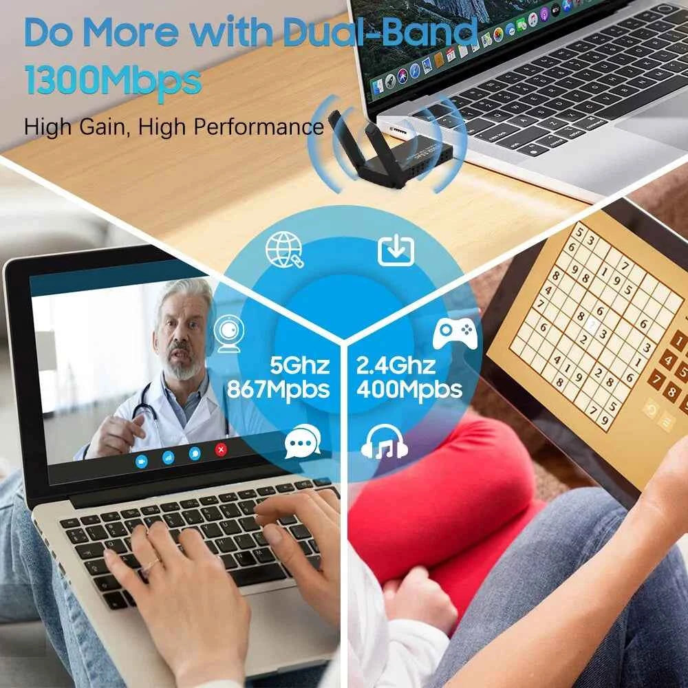 USB 3.0 Wireless WiFi Adapter - 1300Mbps Long Range & Dual Band
