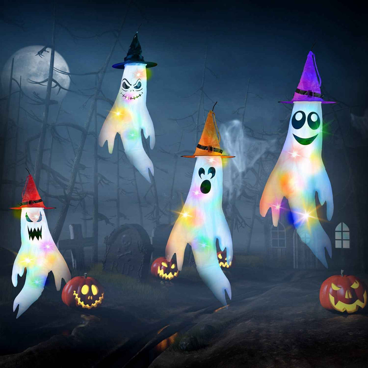 Halloween Ghost Windsocks & Witch Hats 4-Pack – LED