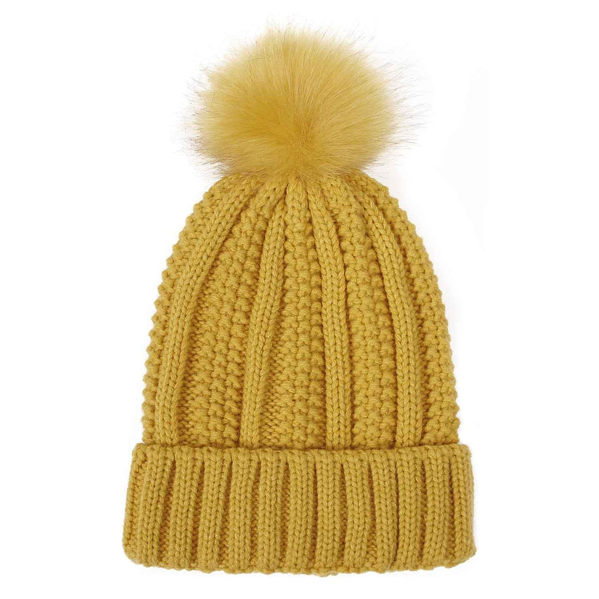 Skull-Print Knitted Beanie – Lined, Faux Fur Pom