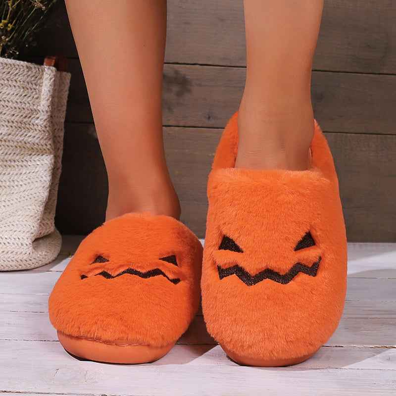 Halloween Pumpkin Slippers – Warm Plush House Shoes