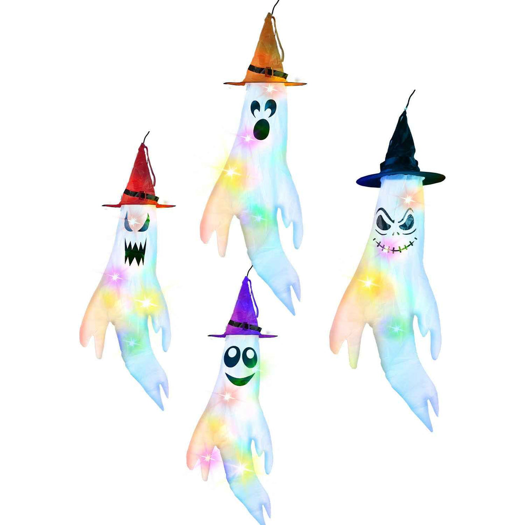 Halloween Ghost Windsocks & Witch Hats 4-Pack – LED