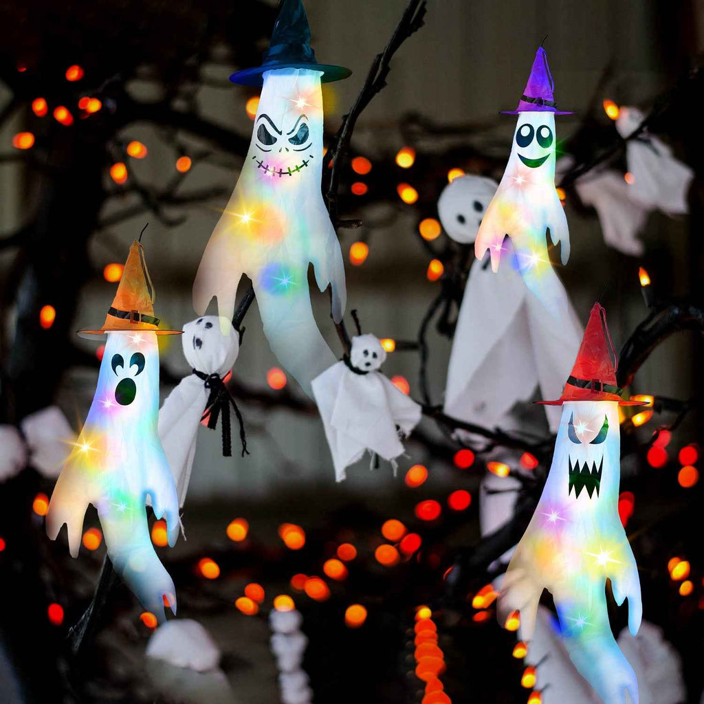 Halloween Ghost Windsocks & Witch Hats 4-Pack – LED