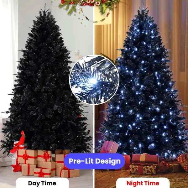 5ft Black Christmas Tree With 250 White LED Lights, 1076 Tips PE+PVC Artificial Tree For Halloween & Holiday Decor, Hinged Structure With Stable Metal Stand