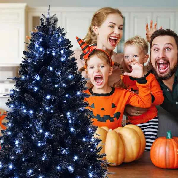 5ft Black Christmas Tree With 250 White LED Lights, 1076 Tips PE+PVC Artificial Tree For Halloween & Holiday Decor, Hinged Structure With Stable Metal Stand