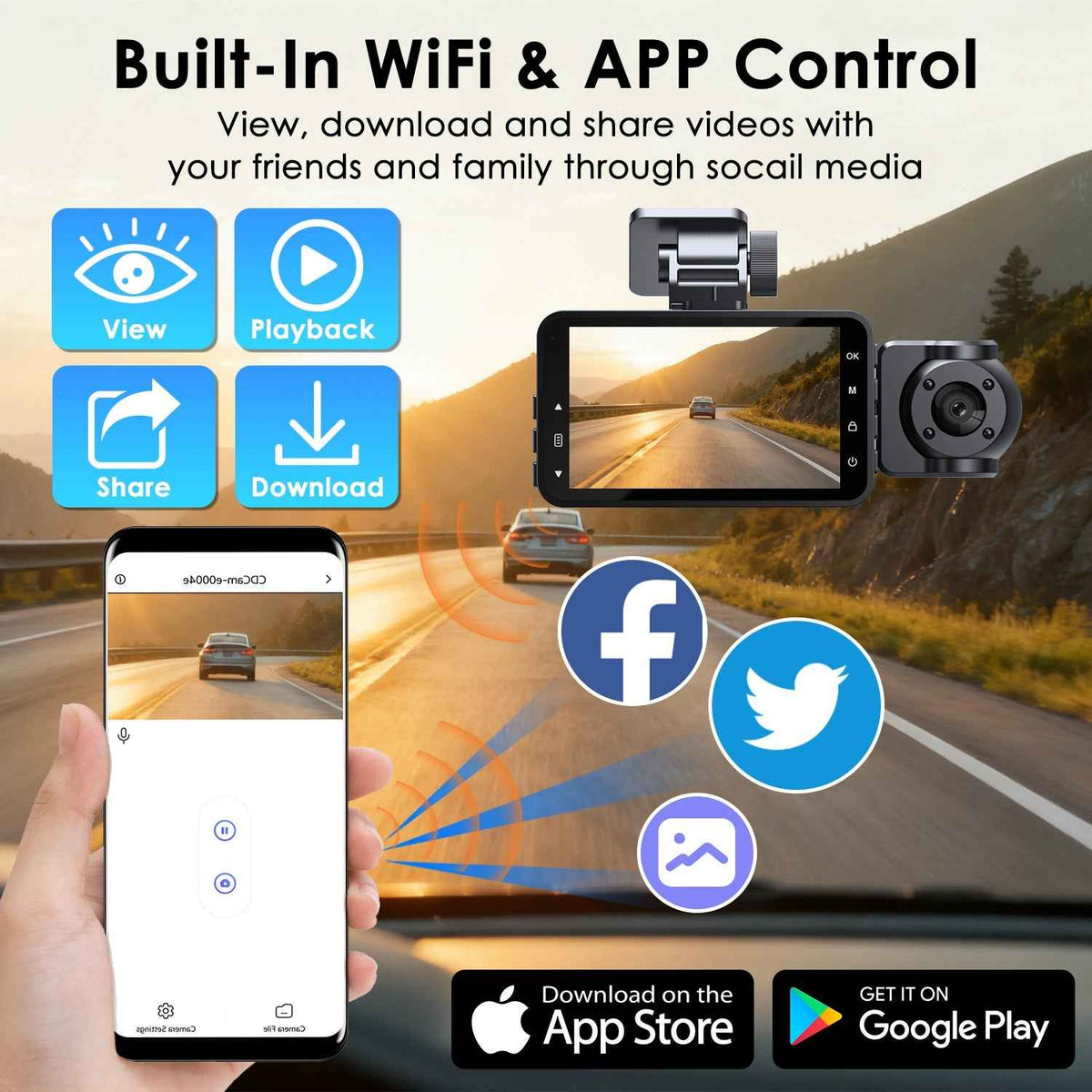 Front and Inside Dash Cam - WiFi FHD 1080P