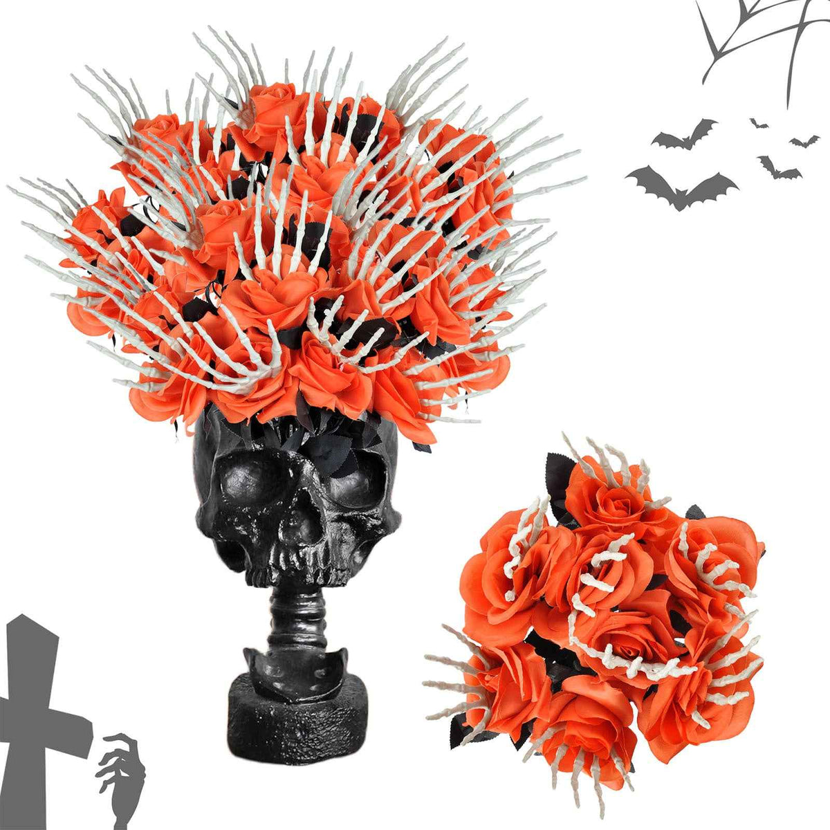Skull-Hand Rose Stem – Gothic Halloween Ornament