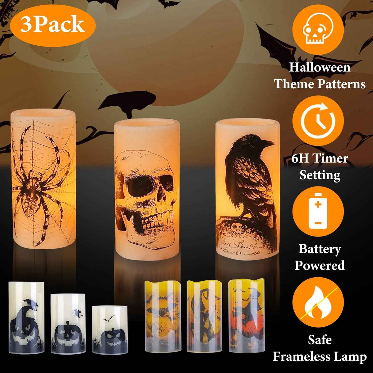 Flameless Halloween Candle Lamp 3-Pack – Timer, Battery