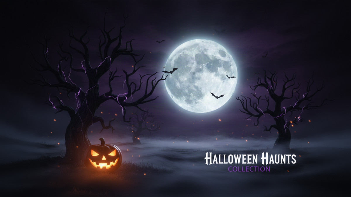 Halloween night scene with a large glowing full moon, bare black trees, flying bats, a carved jack-o'-lantern in the lower left, and the text 'HALLOWEEN HAUNTS COLLECTION' in the lower right.